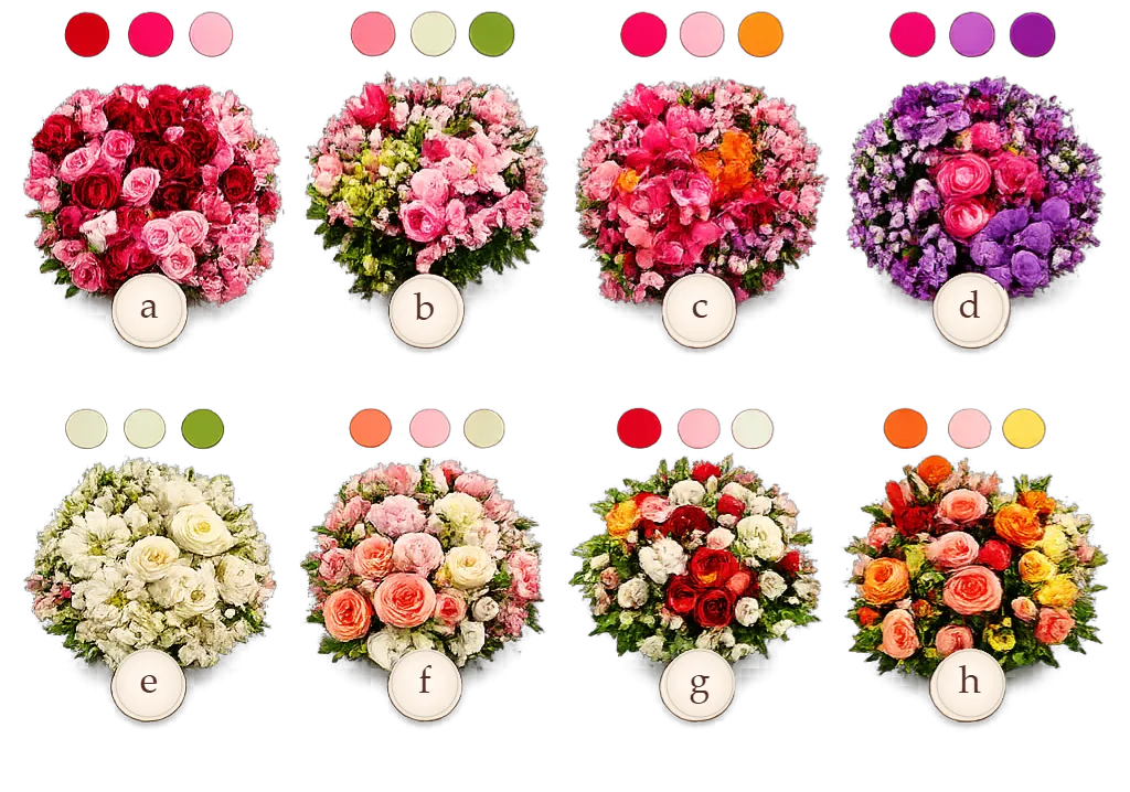 Huit harmonies de bouquets, chacune identifiée par une lettre de a à h et accompagnée des trois teintes de fleurs et de ruban coordonnées.