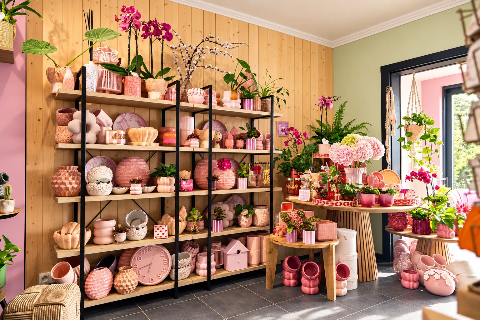 Rayon décoration de La Rose des Sables By Saliha : étagères de vases, cache-pots et orchidées aux tons rosés