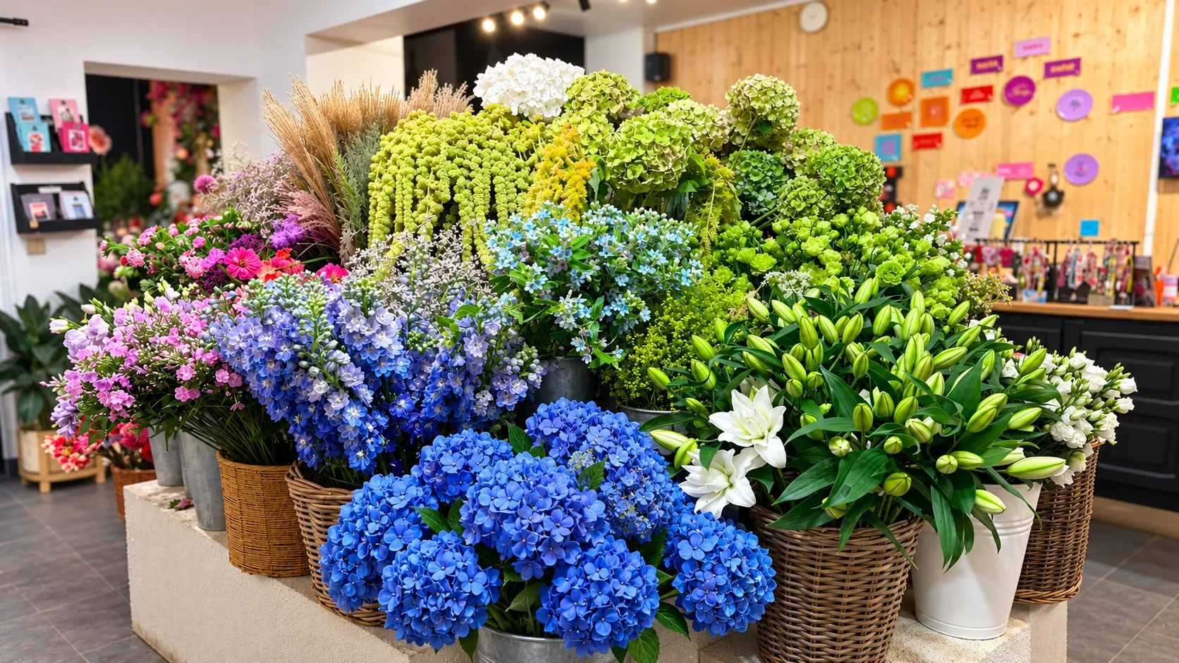 Étal de fleurs fraîches en boutique — hortensias bleus, delphiniums et lys chez La Rose des Sables By Saliha