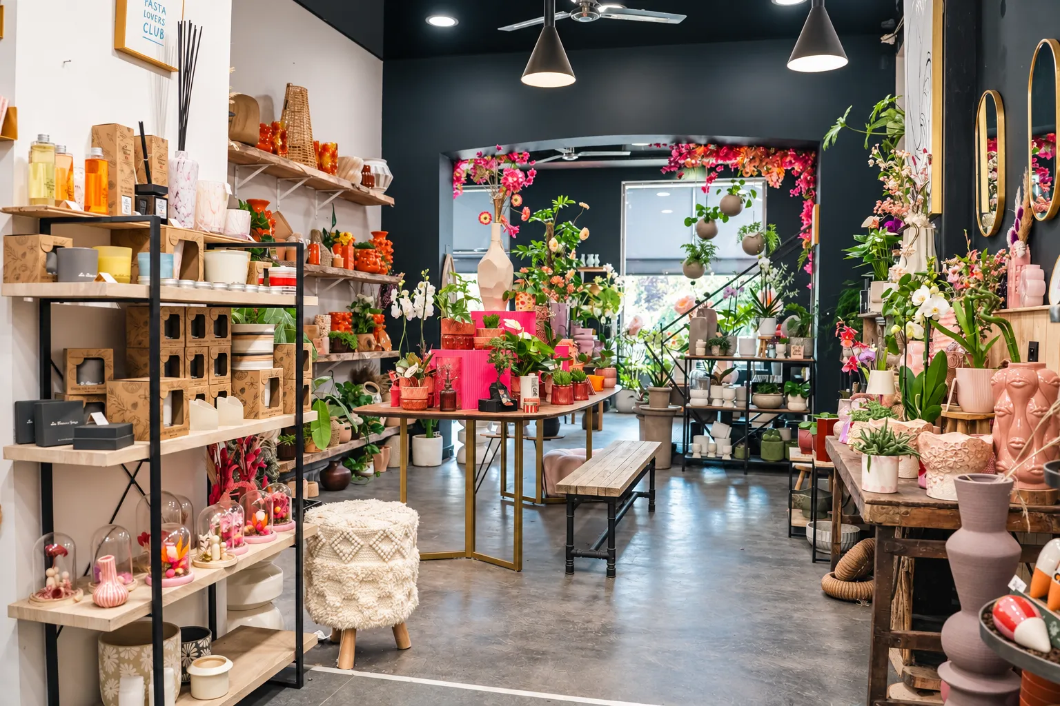 Intérieur d'une boutique La Rose des Sables By Saliha : étagères de décoration, plantes et compositions florales